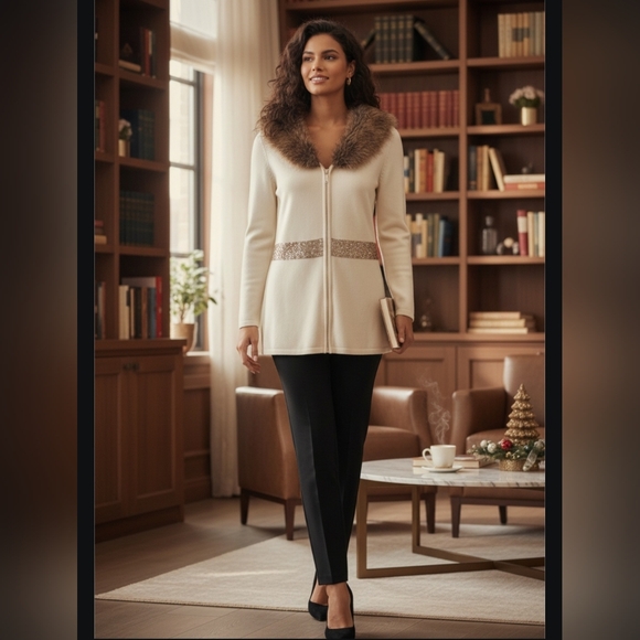 NWT Belldini Los Angeles Ivory Full Zip Cardigan Small Faux Fur Collar Y2K Glam - Picture 2 of 8